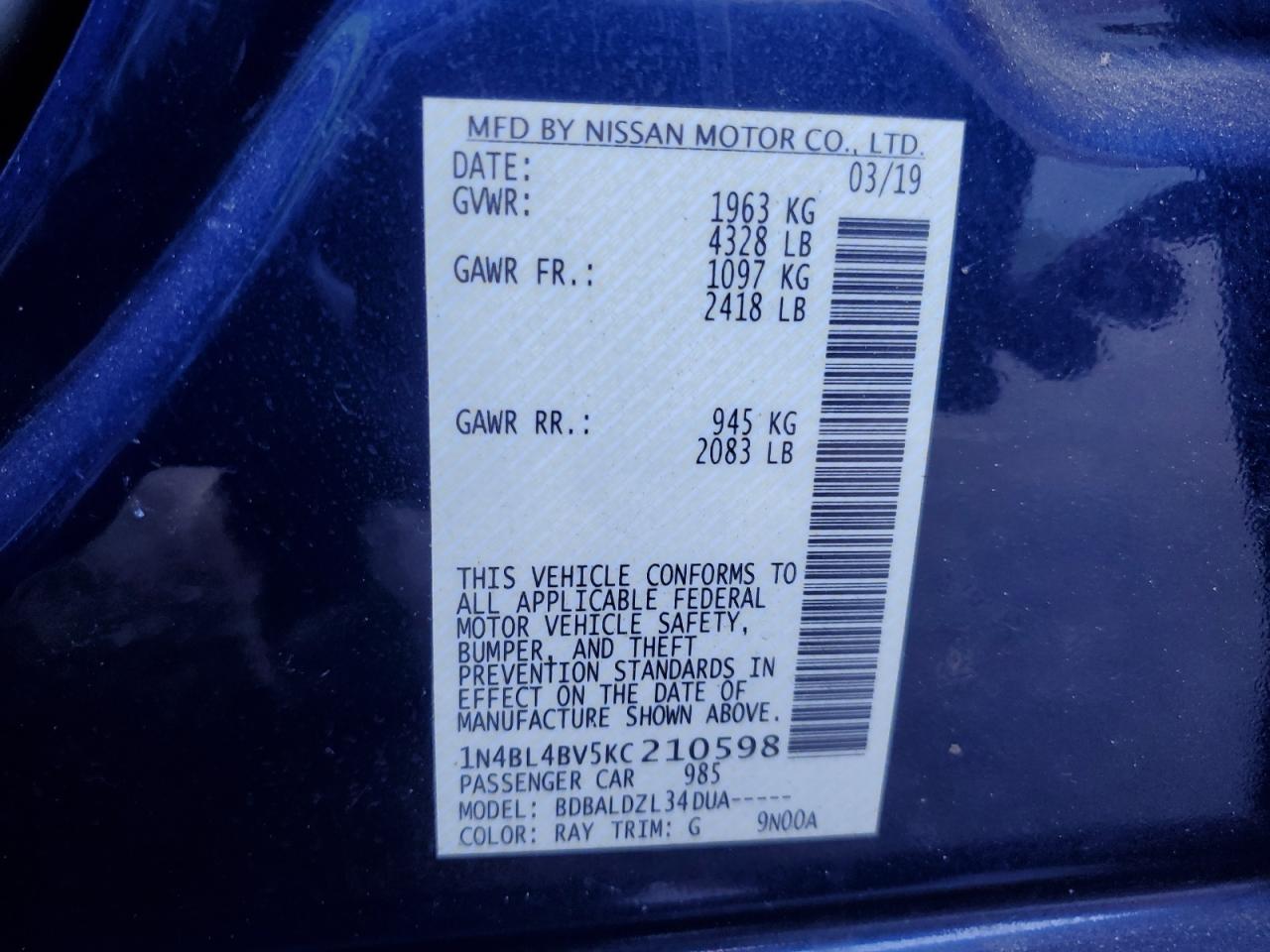 2019 Nissan Altima VIN 1N4BL4BV5KC210598 Copart auction photo, rear end / minor dent/scratches damage thumbnail 14