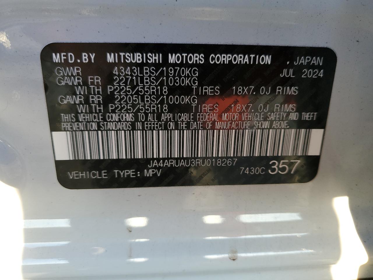 2024 Mitsubishi Outlander VIN JA4ARUAU3RU018267 Copart auction photo, vandalism / top/roof damage thumbnail 13