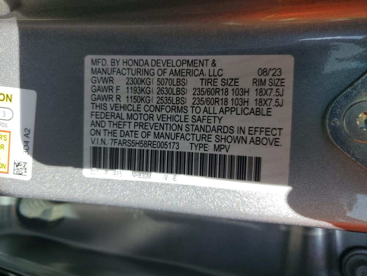2024 Honda CR-V VIN 7FARS5H58RE005173 Copart auction photo, side damage thumbnail 15