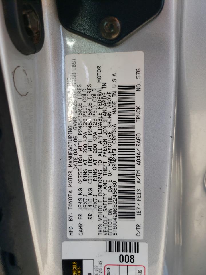 2006 Toyota Tacoma VIN 5TEUU42N66Z245660 Copart auction photo, rear end / mechanical damage thumbnail 12