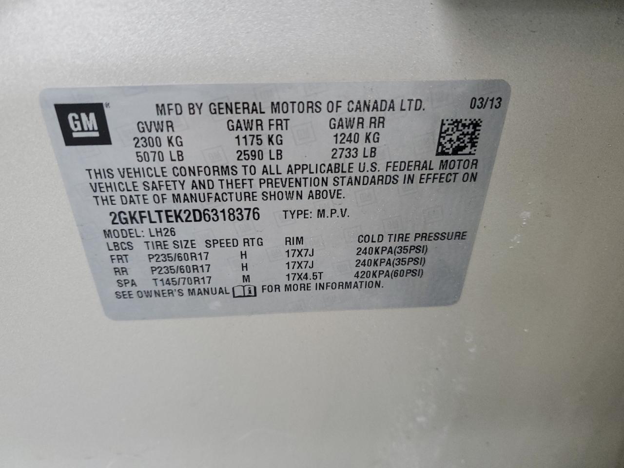 2013 GMC Terrain VIN 2GKFLTEK2D6318376 Copart auction photo, front end / minor dent/scratches damage thumbnail 14