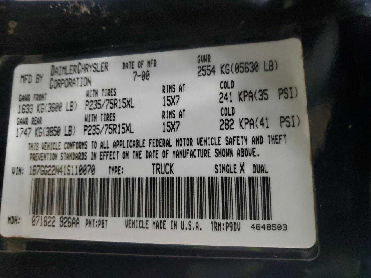2001 Dodge Dakota VIN 1B7GG22N41S110070 Copart auction photo, front end damage thumbnail 12