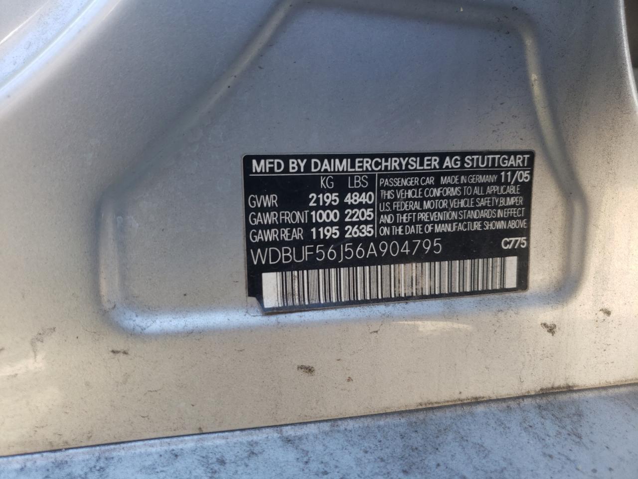 2006 Mercedes-Benz E-klasse VIN WDBUF56J56A904795 Copart auction photo, all over damage thumbnail 12
