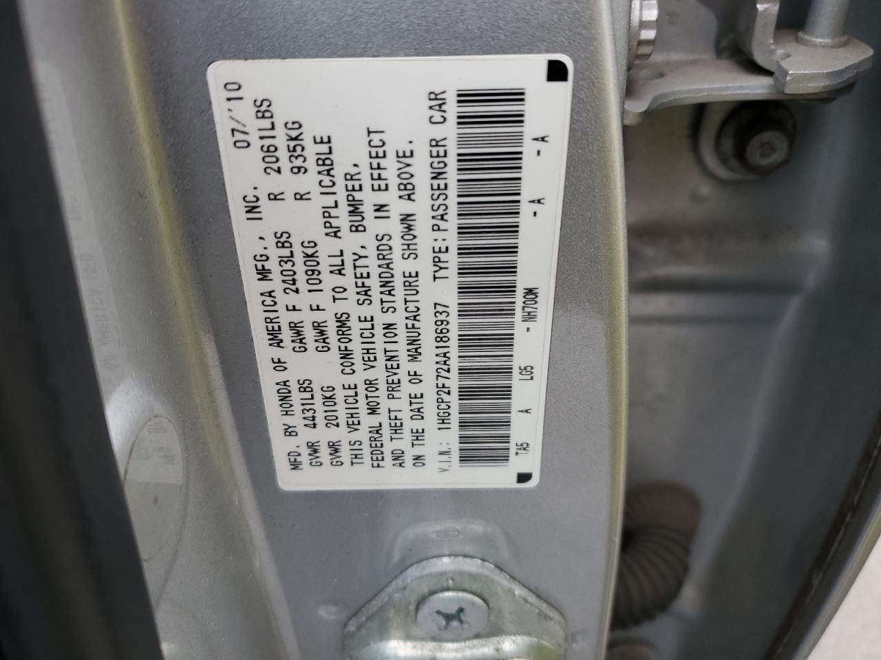 2010 Honda Accord VIN 1HGCP2F72AA186937 Copart auction photo, front end / side damage thumbnail 15