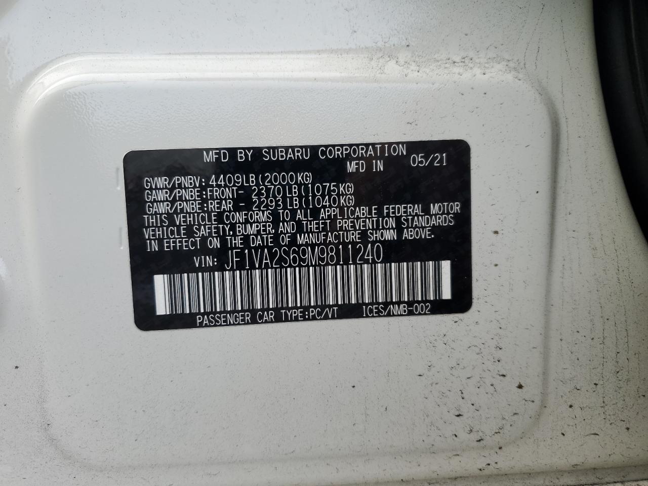2021 Subaru WRX VIN JF1VA2S69M9811240 Copart auction photo, front end damage thumbnail 13