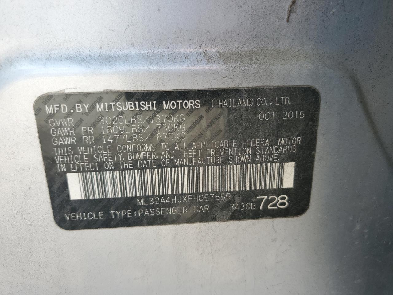 2015 Mitsubishi Mirage VIN ML32A4HJXFH057555 Copart auction photo, front end / side damage thumbnail 14