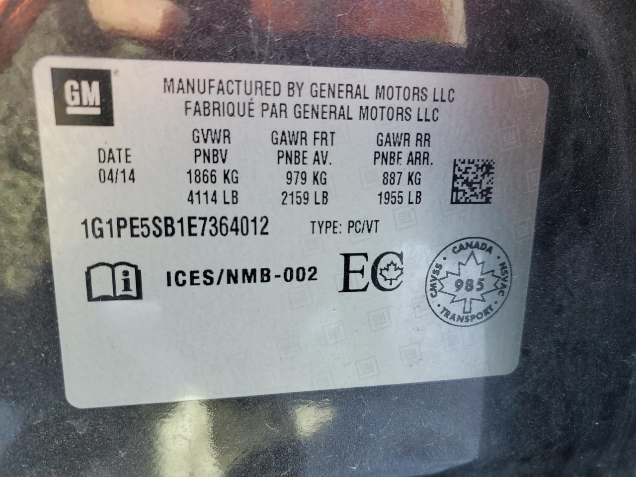 2014 Chevrolet Cruze VIN 1G1PE5SB1E7364012 Copart auction photo, front end / side damage thumbnail 13