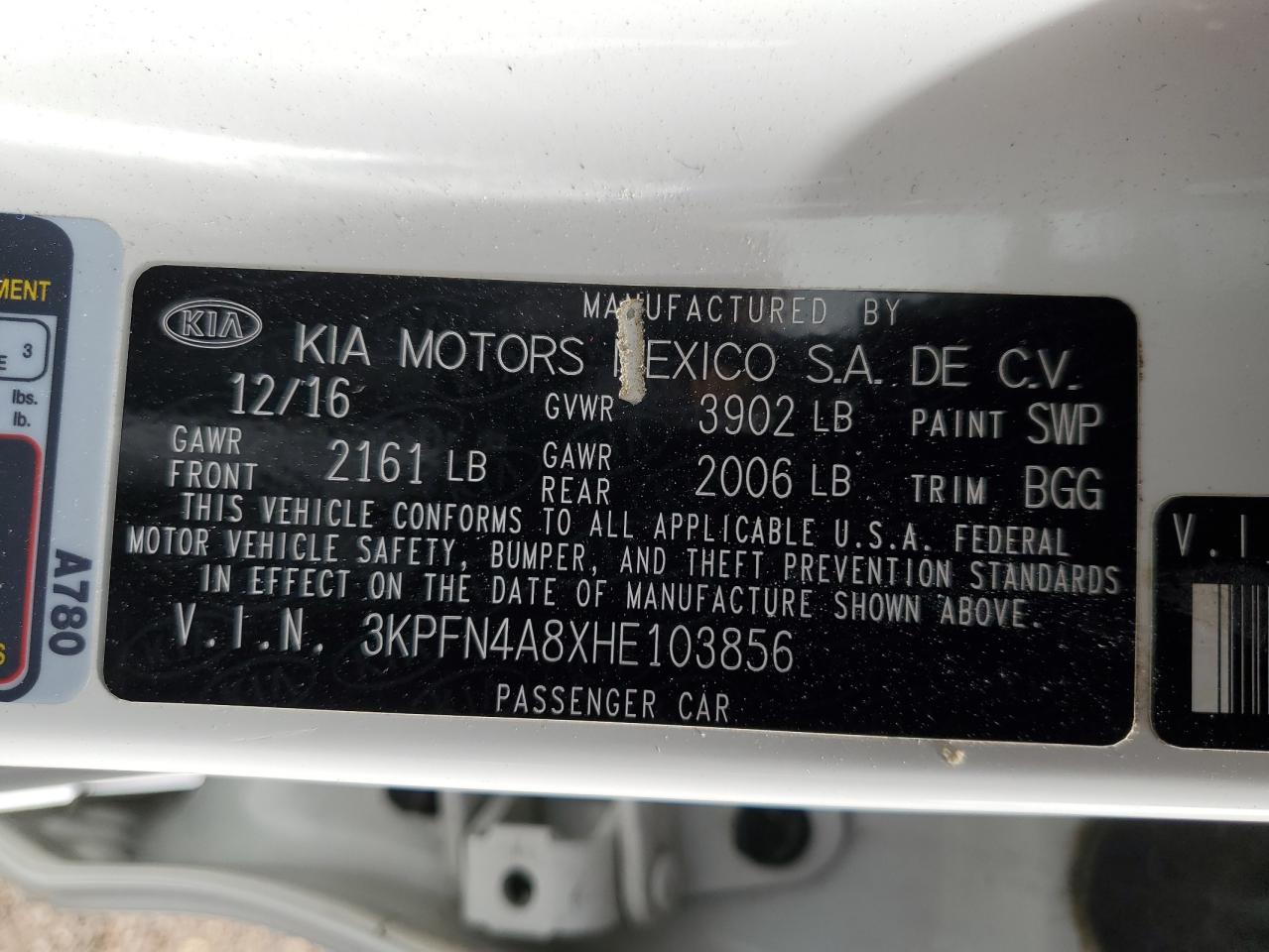 2017 KIA Forte VIN 3KPFN4A8XHE103856 Copart auction photo, rear end damage thumbnail 13