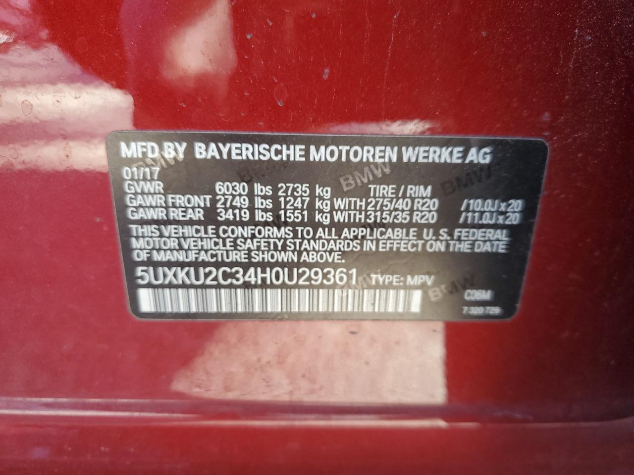 2017 BMW X6 VIN 5UXKU2C34H0U29361 Copart auction photo, front end damage thumbnail 15