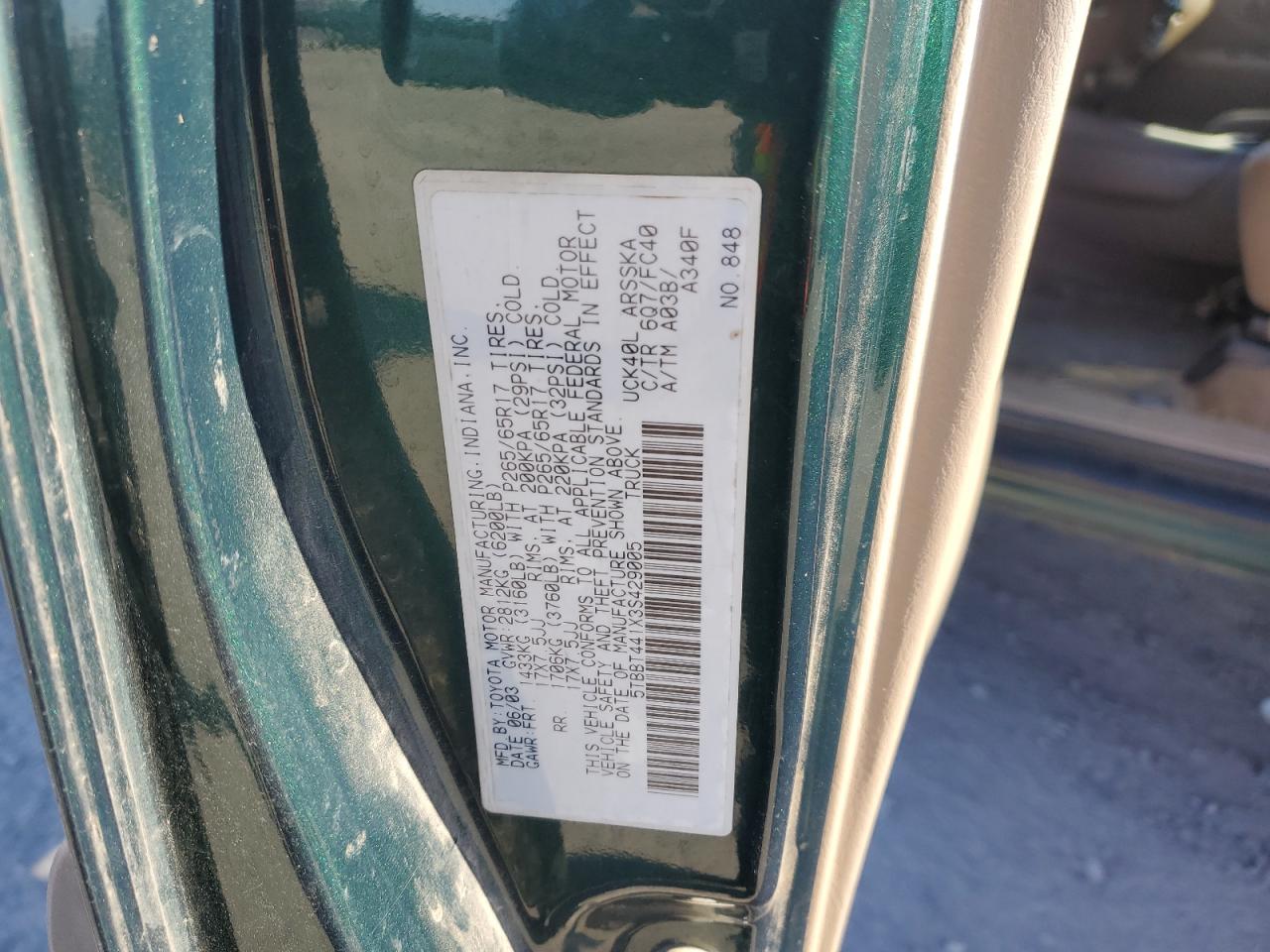 2003 Toyota Tundra VIN 5TBBT441X3S429005 Copart auction photo, front end / minor dent/scratches damage thumbnail 14