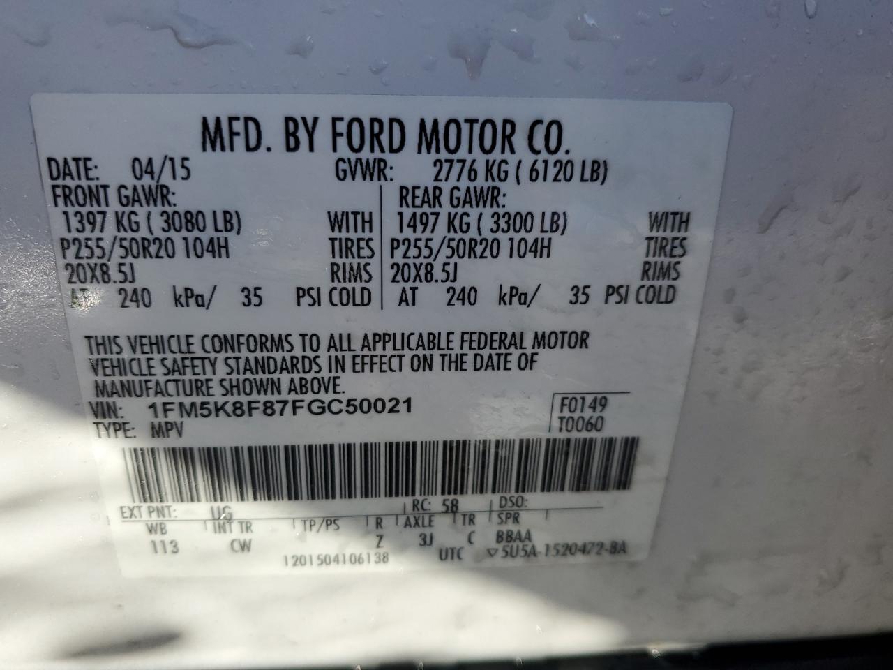 2015 Ford Explorer VIN 1FM5K8F87FGC50021 Copart auction photo, rear end / front end damage thumbnail 13