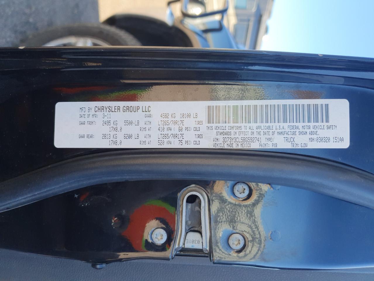 2011 Dodge RAM VIN 3D73Y3CL5BG592741 Copart auction photo, side damage thumbnail 14