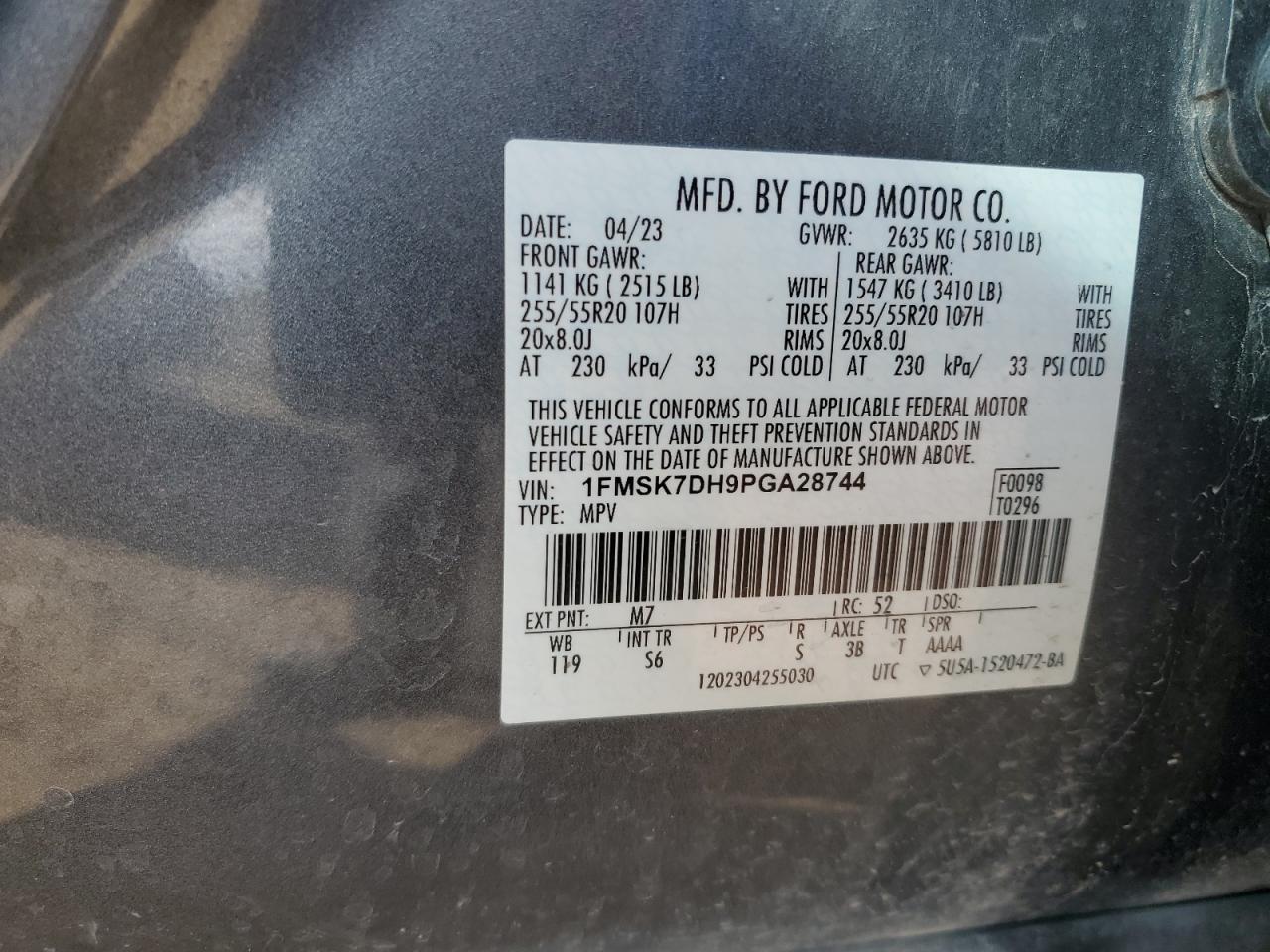 2023 Ford Explorer VIN 1FMSK7DH9PGA28744 Copart auction photo, front end / mechanical damage thumbnail 14