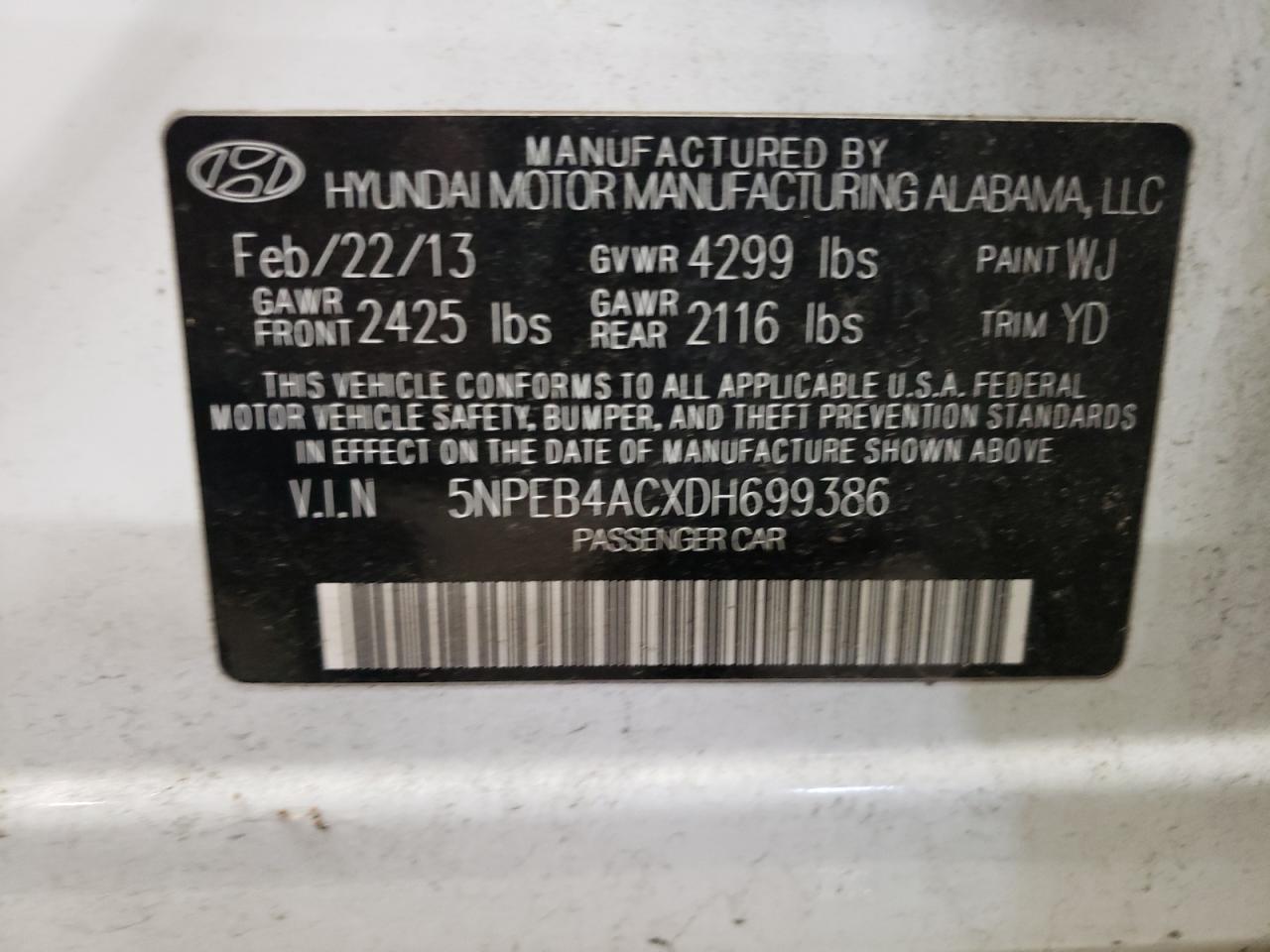 2013 Hyundai Sonata VIN 5NPEB4ACXDH699386 Copart auction photo, minor dent/scratches damage thumbnail 12