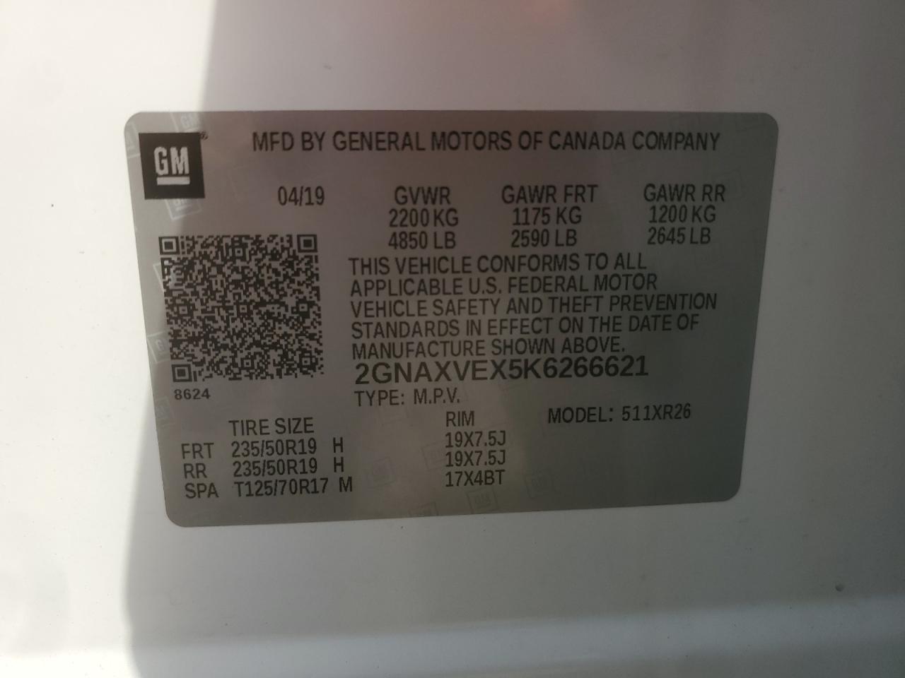 2019 Chevrolet Equinox VIN 2GNAXVEX5K6266621 Copart auction photo, front end damage thumbnail 15