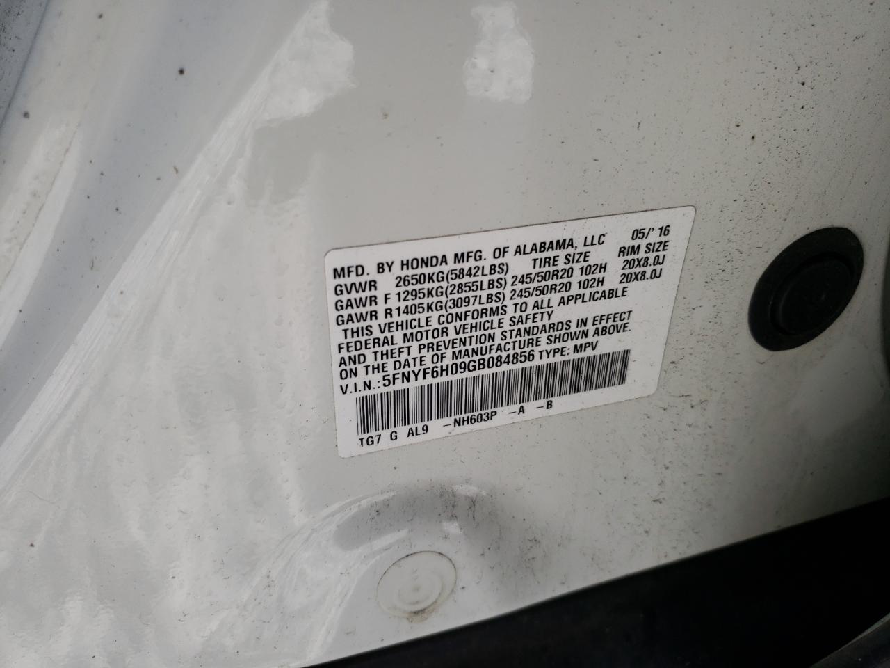 2016 Honda Pilot VIN 5FNYF6H09GB084856 Copart auction photo, undercarriage / front end damage thumbnail 13