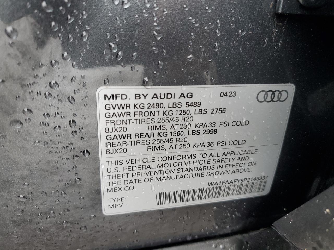 2023 Audi Q5 VIN WA1FAAFY9P2143337 Copart auction photo, rear end damage thumbnail 14