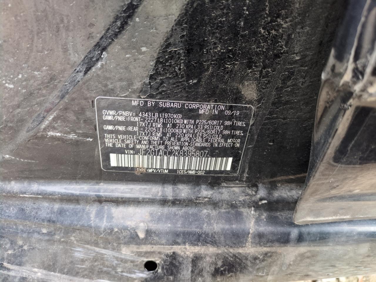 2019 Subaru XV VIN JF2GTACC2K8395807 Copart auction photo, side damage thumbnail 12
