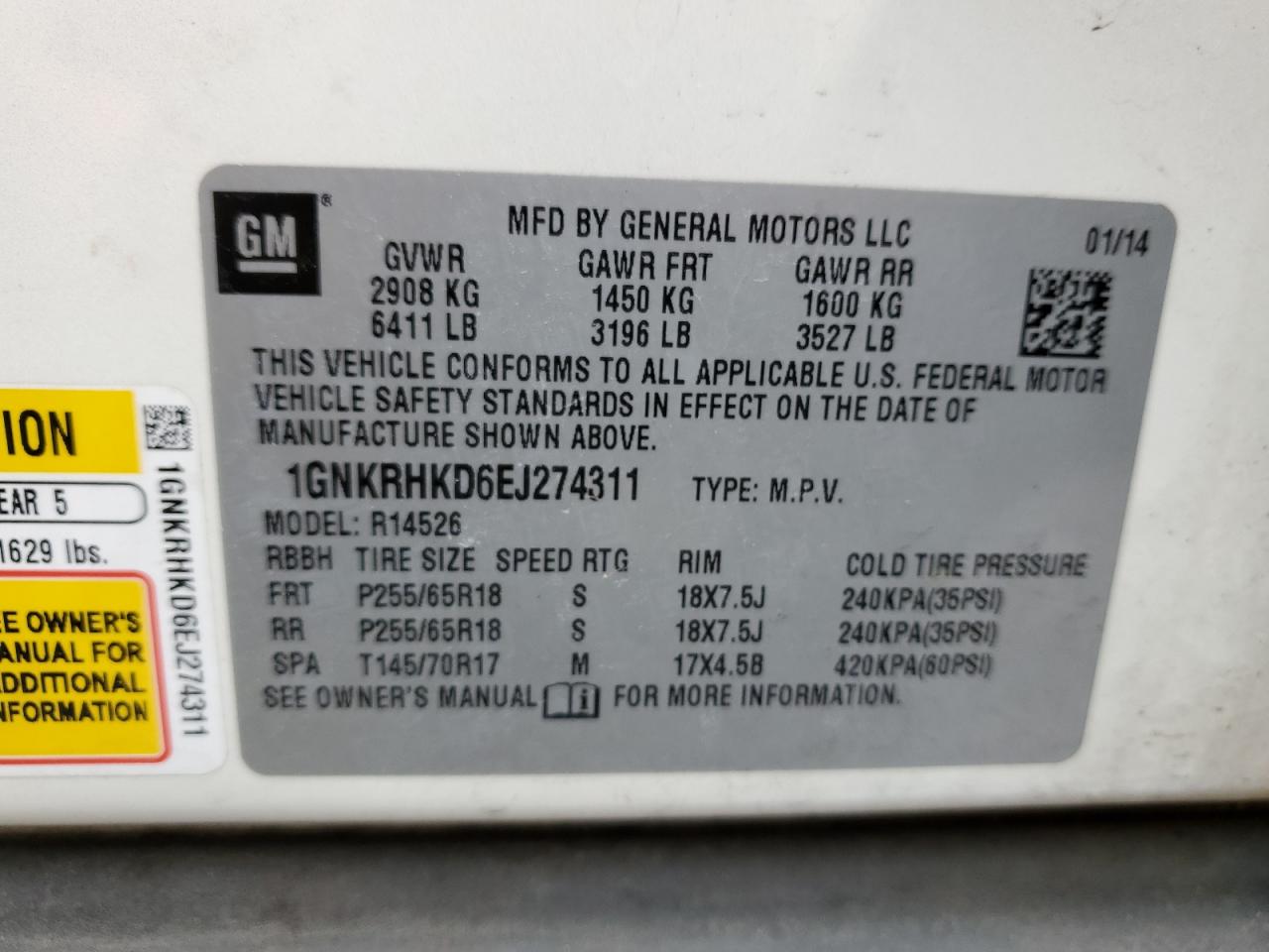 2014 Chevrolet Traverse VIN 1GNKRHKD6EJ274311 Copart auction photo, rear end / side damage thumbnail 13