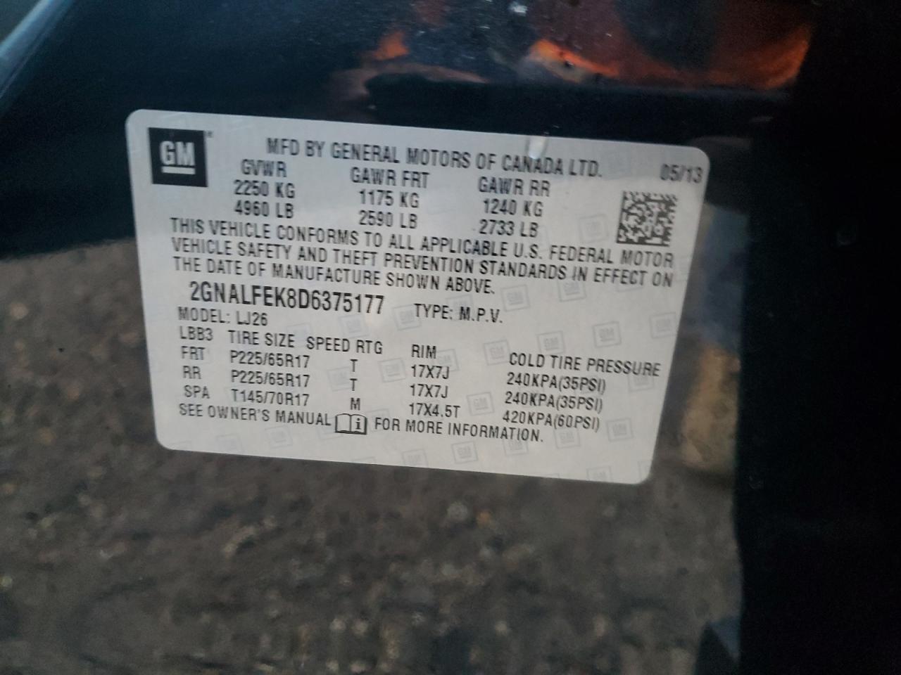 2013 Chevrolet Equinox VIN 2GNALFEK8D6375177 Copart auction photo, front end damage thumbnail 13
