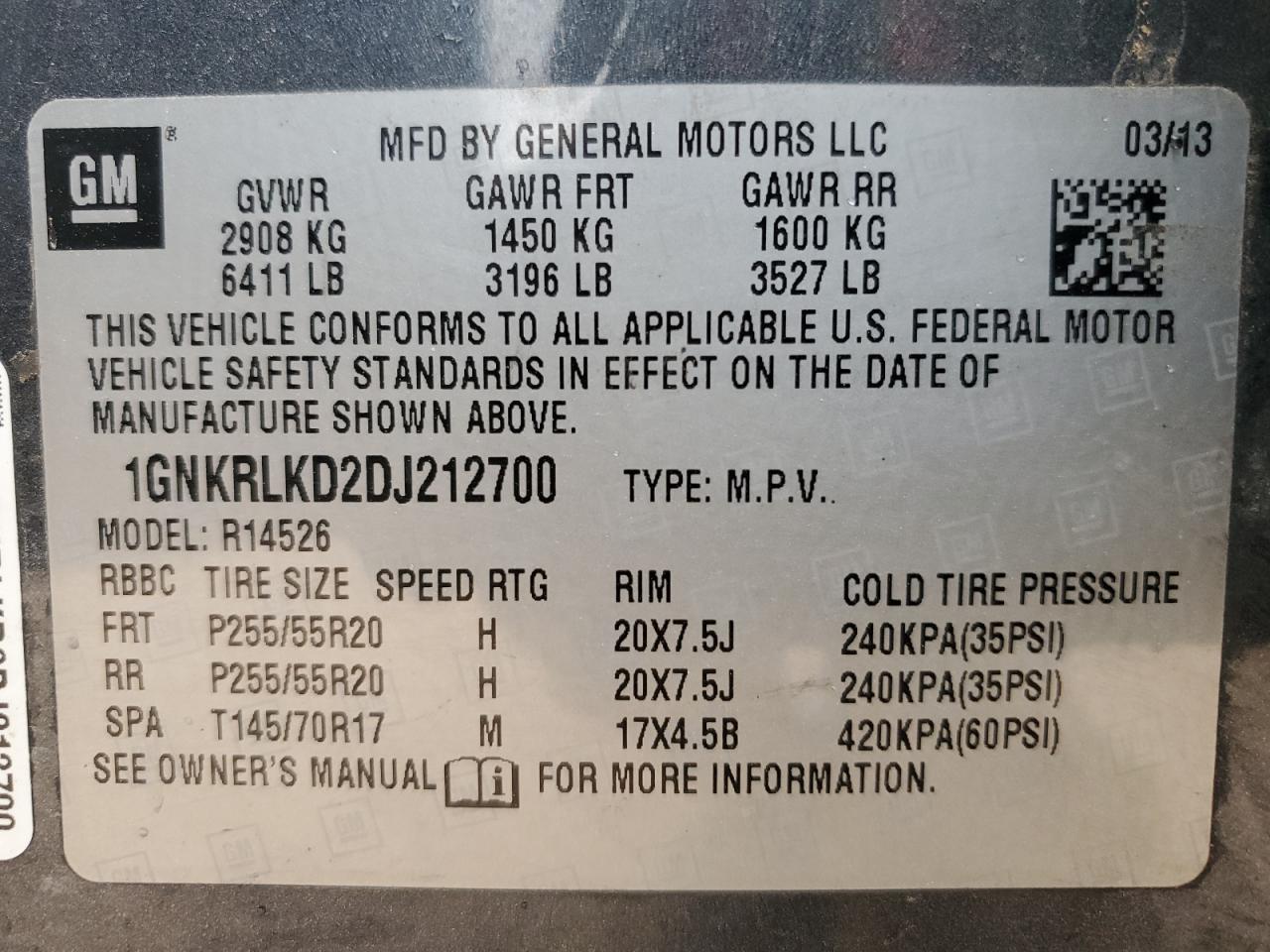2013 Chevrolet Traverse VIN 1GNKRLKD2DJ212700 Copart auction photo, front end damage thumbnail 16