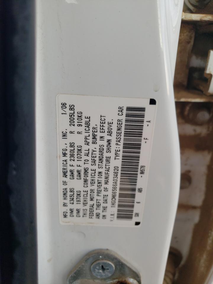 2006 Honda Accord VIN 1HGCM66566A034620 Copart auction photo, front end damage thumbnail 12