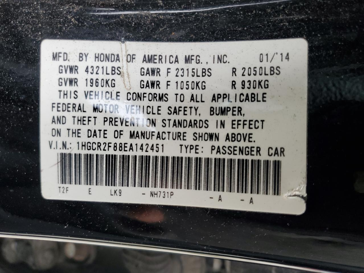 2014 Honda Accord VIN 1HGCR2F88EA142451 Copart auction photo, front end damage thumbnail 14