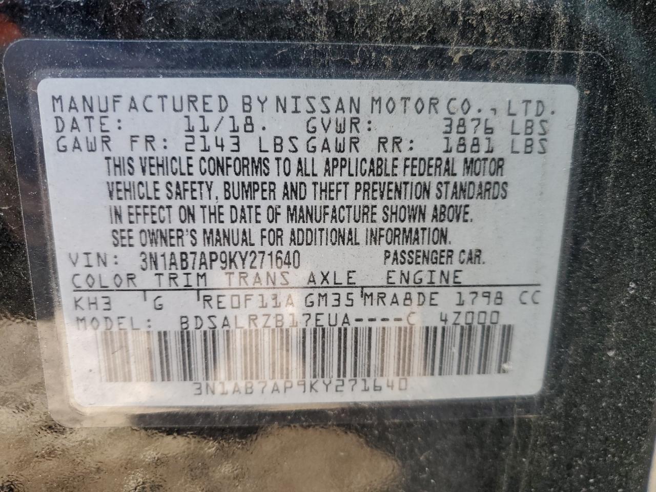2019 Nissan Sentra VIN 3N1AB7AP9KY271640 Copart auction photo, front end / side damage thumbnail 12
