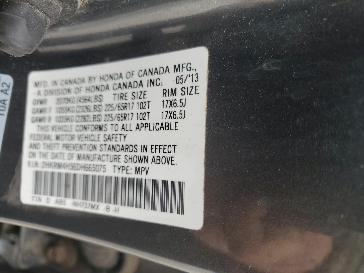 2013 Honda CR-V VIN 2HKRM4H56DH665075 Copart auction photo, front end damage thumbnail 13