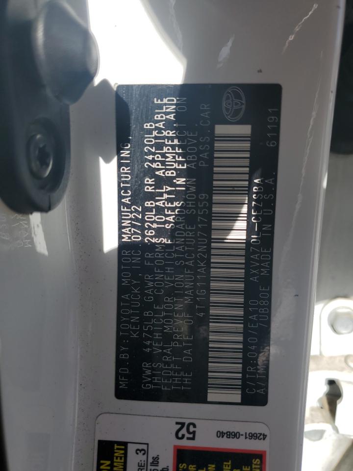 2022 Toyota Camry VIN 4T1G11AK2NU717559 Copart auction photo, front end damage thumbnail 14