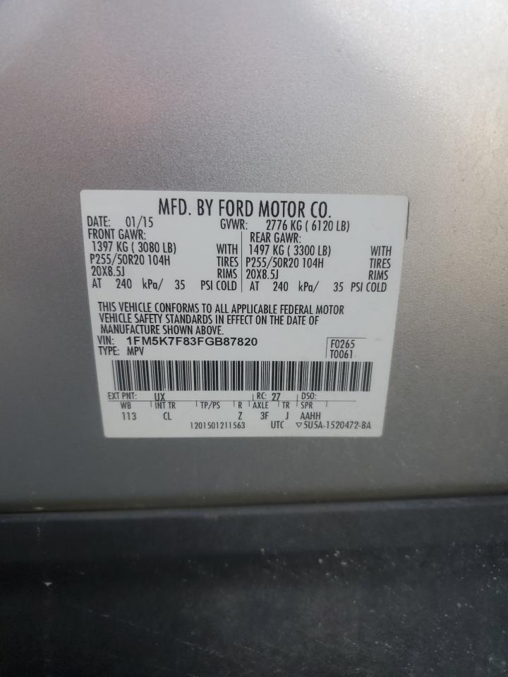2015 Ford Explorer VIN 1FM5K7F83FGB87820 Copart auction photo, front end / side damage thumbnail 13