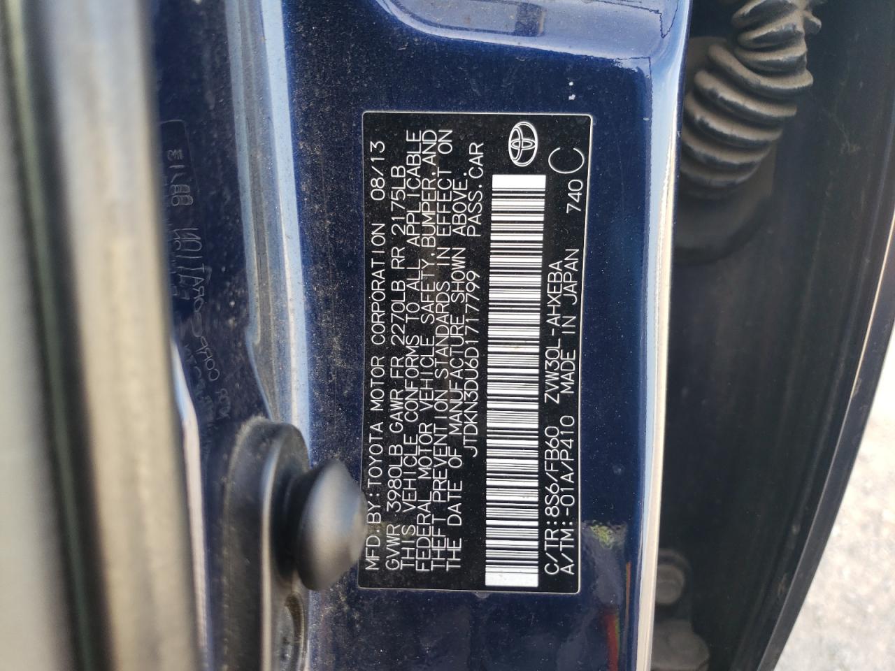 2013 Toyota Prius VIN JTDKN3DU6D1717799 Copart auction photo, front end damage thumbnail 13
