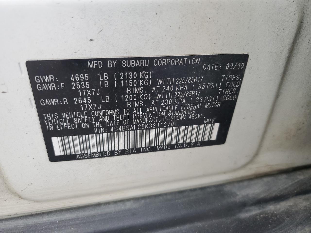 2019 Subaru Outback VIN 4S4BSAFC5K3311270 Copart auction photo, rear end / front end damage thumbnail 13