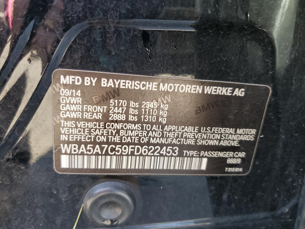 2015 BMW 5er VIN WBA5A7C59FD622453 Copart auction photo, hail damage thumbnail 12