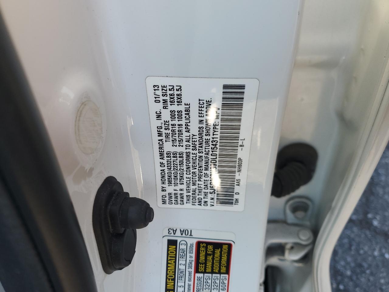 2013 Honda CR-V VIN 5J6RM3H39DL015431 Copart auction photo, front end damage thumbnail 14