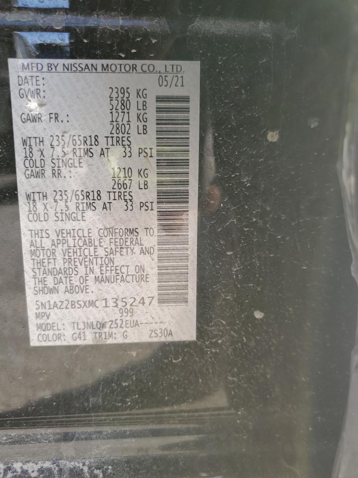 2021 Nissan Murano VIN 5N1AZ2BSXMC135247 Copart auction photo, front end / rear end damage thumbnail 13