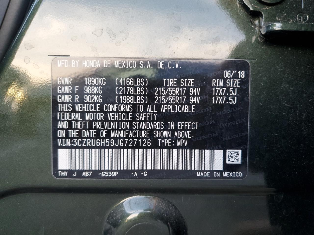 2018 Honda HR-V VIN 3CZRU6H59JG727126 Copart auction photo, front end / top/roof damage thumbnail 13