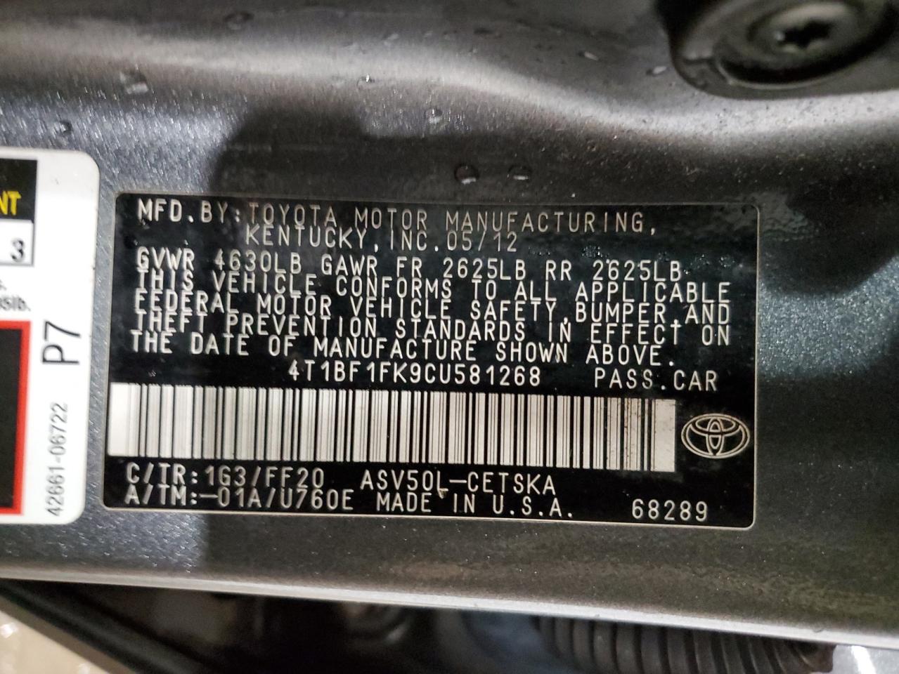 2012 Toyota Camry VIN 4T1BF1FK9CU581268 Copart auction photo, front end / side damage thumbnail 13