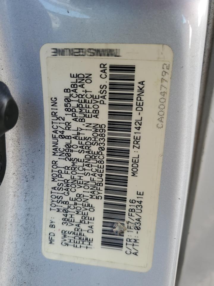 2012 Toyota Corolla VIN 5YFBU4EE8CP033895 Copart auction photo, biohazard/chemical / front end damage thumbnail 14