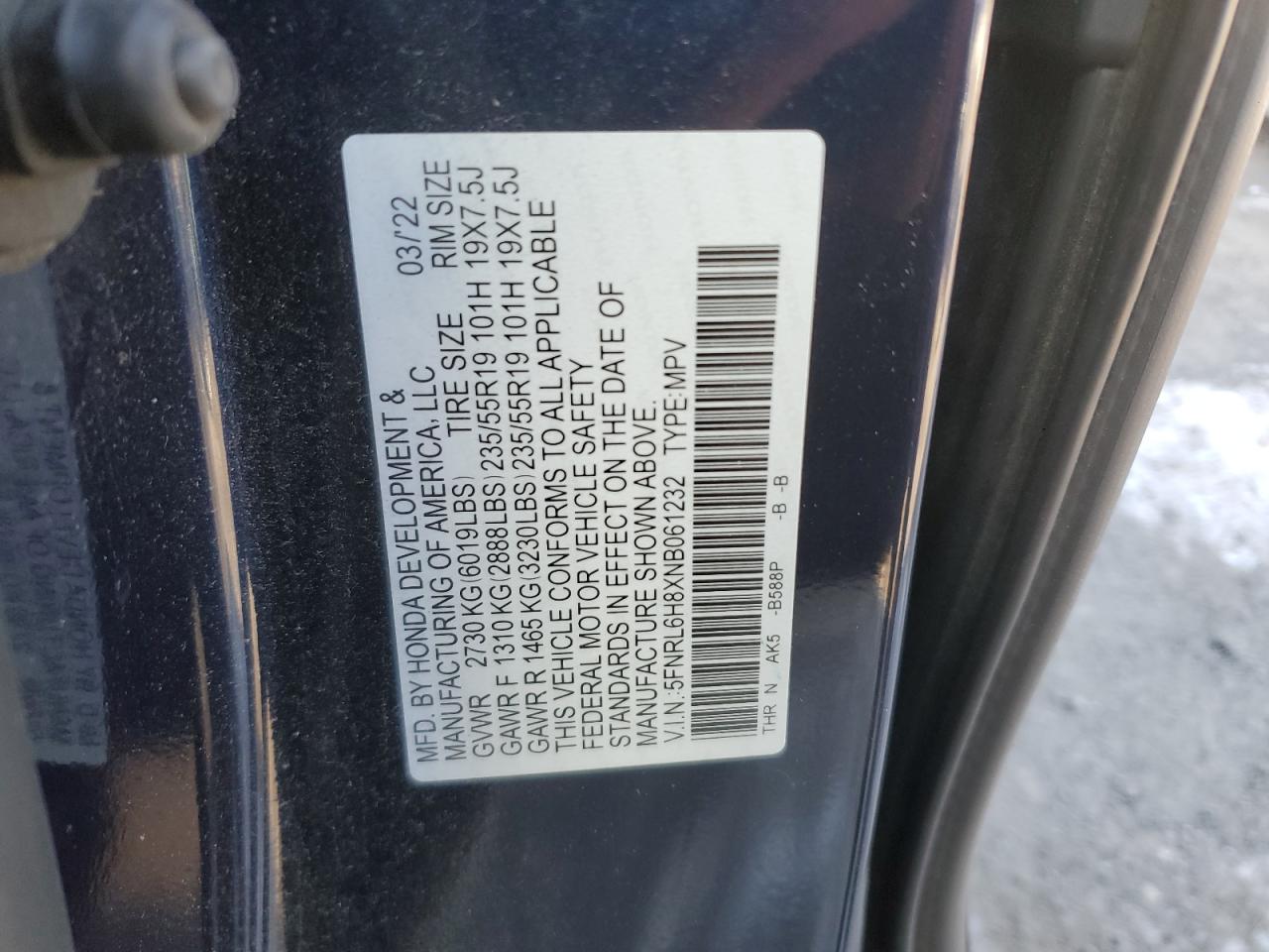 2022 Honda Odyssey VIN 5FNRL6H8XNB061232 Copart auction photo, undercarriage damage thumbnail 13