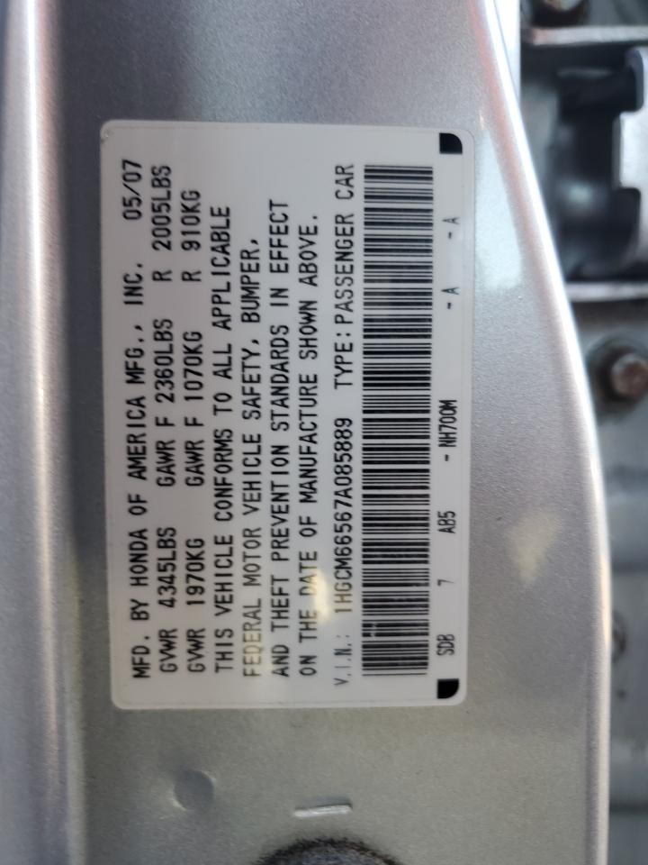 2007 Honda Accord VIN 1HGCM66567A085889 Copart auction photo, minor dent/scratches damage thumbnail 12