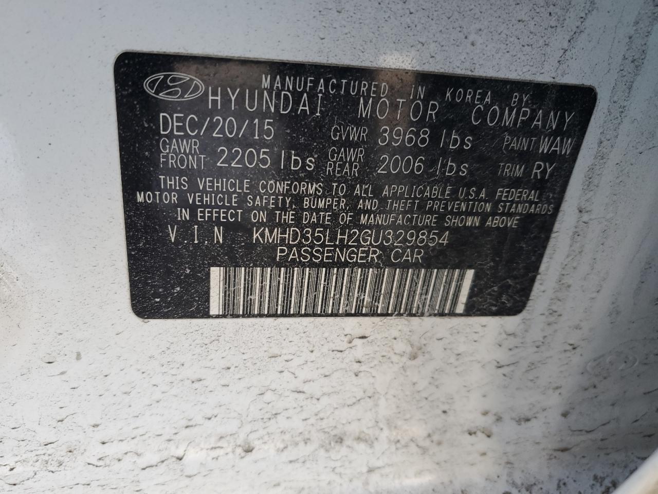2016 Hyundai Elantra VIN KMHD35LH2GU329854 Copart auction photo, front end damage thumbnail 14