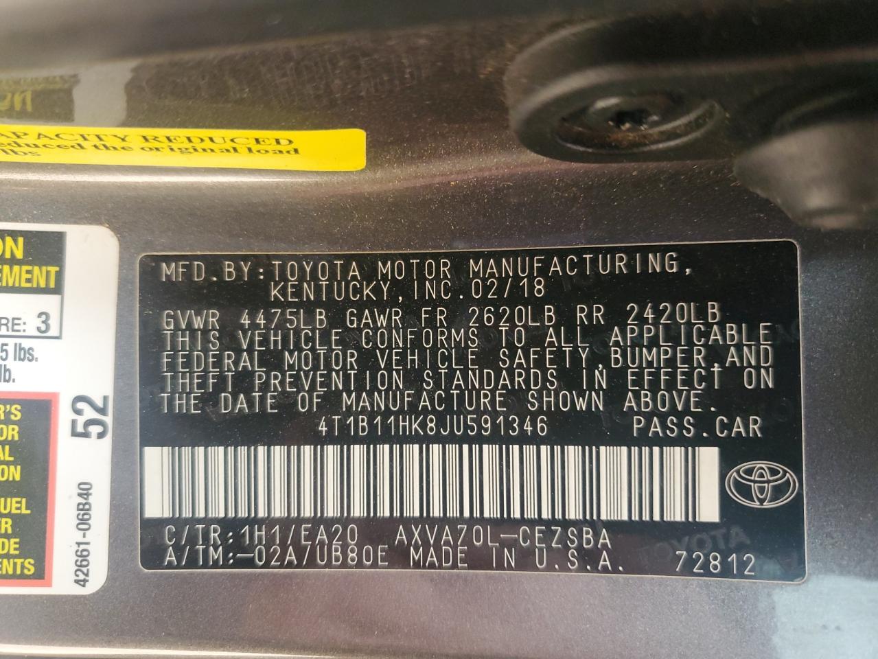 2018 Toyota Camry VIN 4T1B11HK8JU591346 Copart auction photo, frame damage / front end damage thumbnail 13