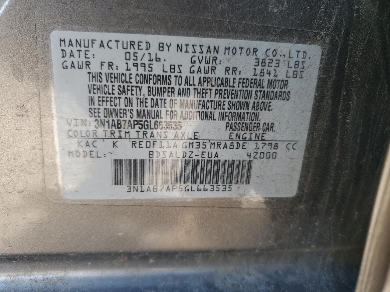 2016 Nissan Sentra VIN 3N1AB7AP5GL663535 Copart auction photo, rear end damage thumbnail 12