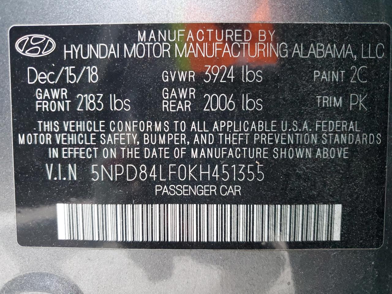 2019 Hyundai Elantra VIN 5NPD84LF0KH451355 Copart auction photo, side / undercarriage damage thumbnail 12