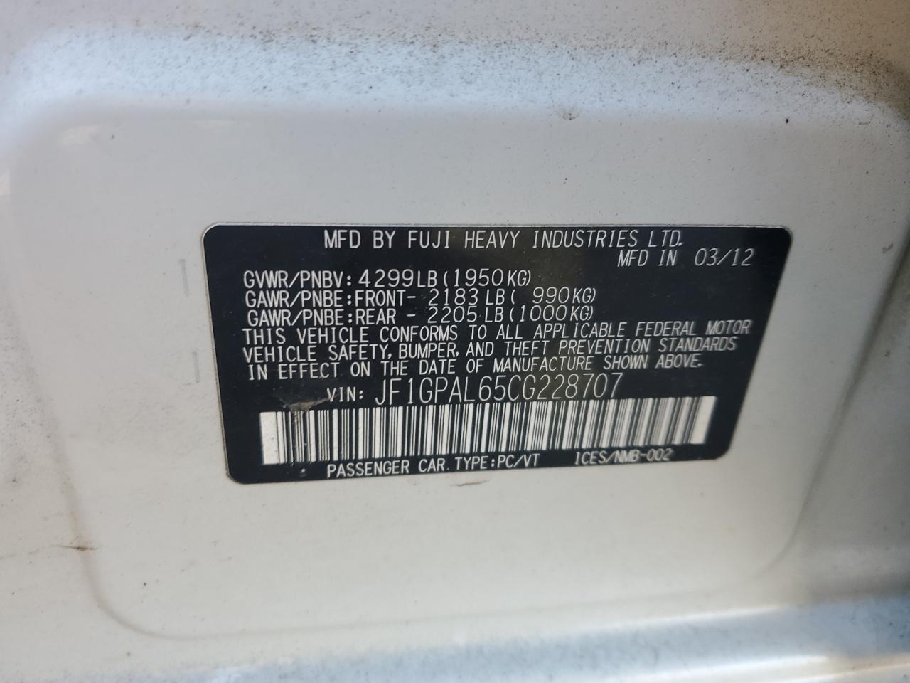 2012 Subaru Impreza VIN JF1GPAL65CG228707 Copart auction photo, front end damage thumbnail 14