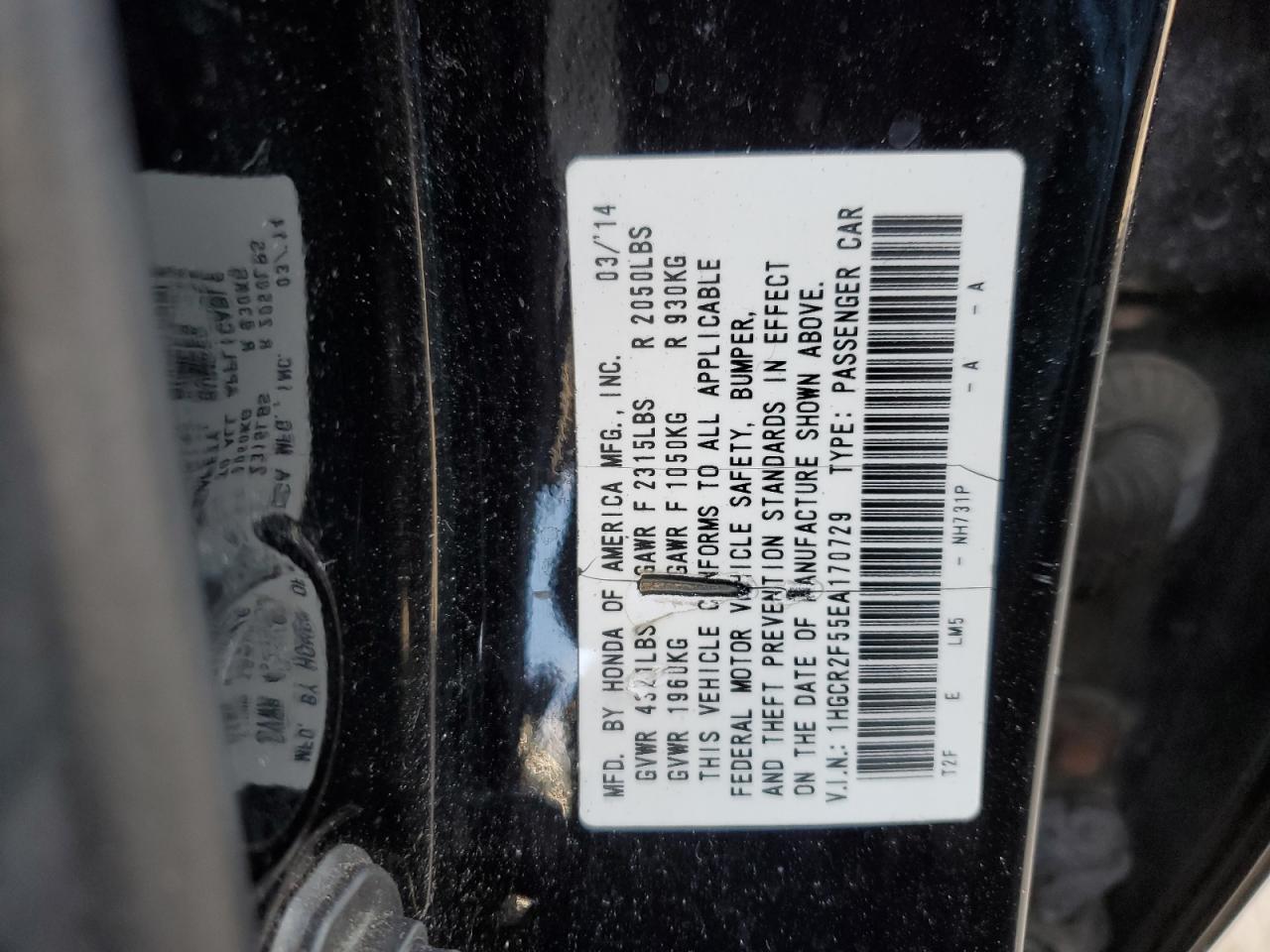 2014 Honda Accord VIN 1HGCR2F55EA170729 Copart auction photo, front end / rear end damage thumbnail 13