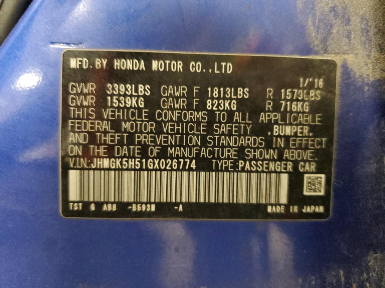 2016 Honda Fit VIN JHMGK5H51GX026774 Copart auction photo, side / minor dent/scratches damage thumbnail 12