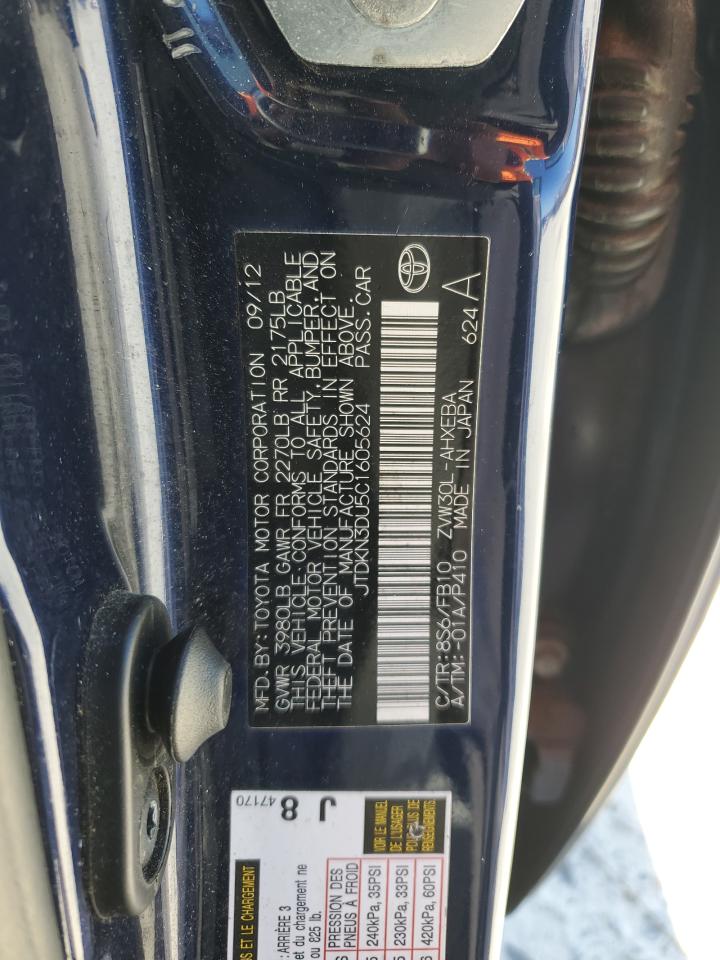 2012 Toyota Prius VIN JTDKN3DU5C1605624 Copart auction photo, front end damage thumbnail 12