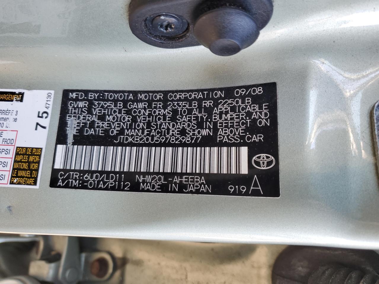 2009 Toyota Prius VIN JTDKB20U597829877 Copart auction photo, rear end / minor dent/scratches damage thumbnail 12